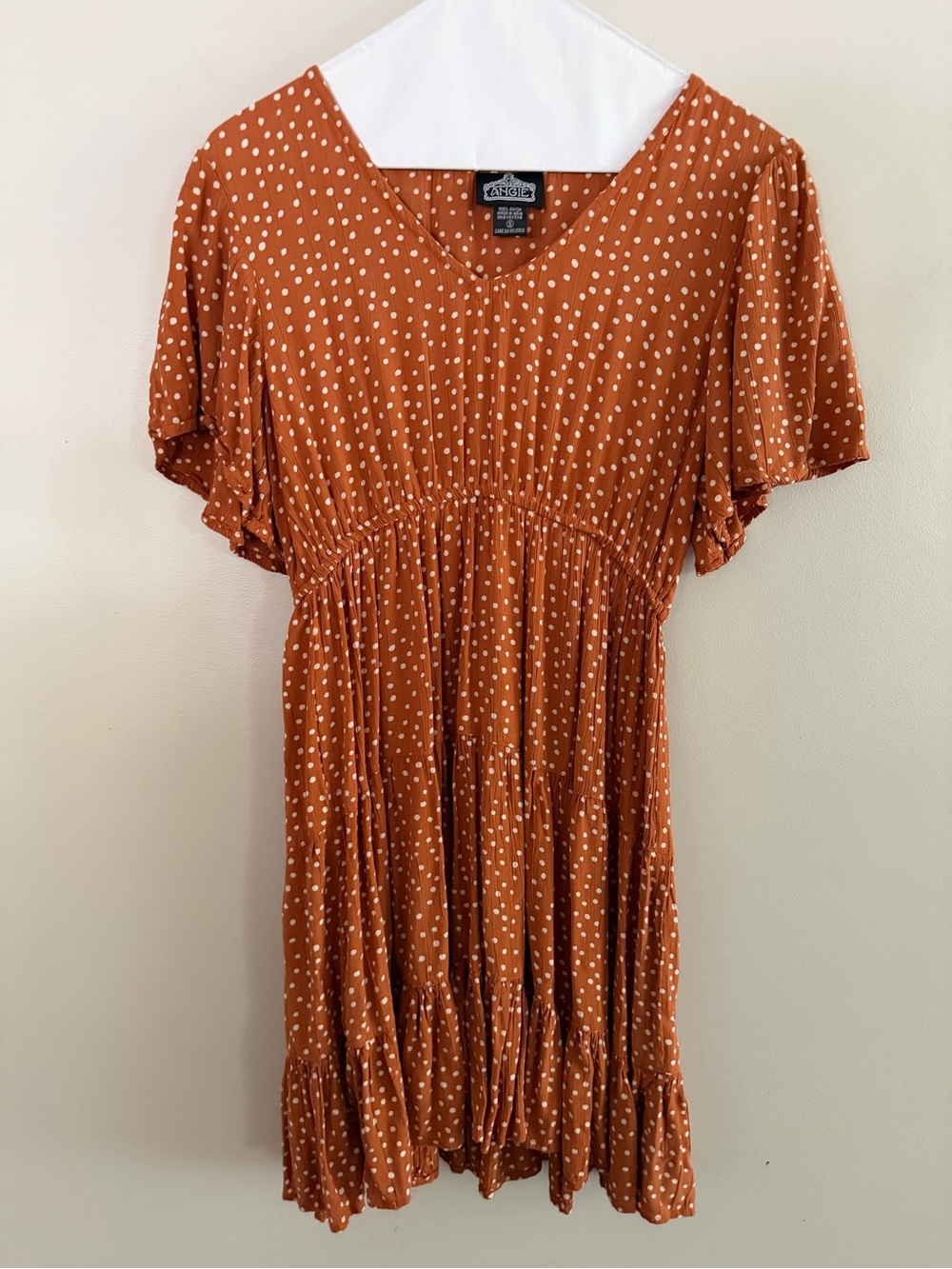 Angie Rust Polka Dot V-Neck Tiered Midi Dress
